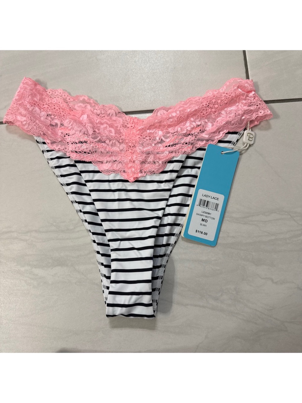 Beach Bunny Pink Lace Trim Striped Bikini Bottom